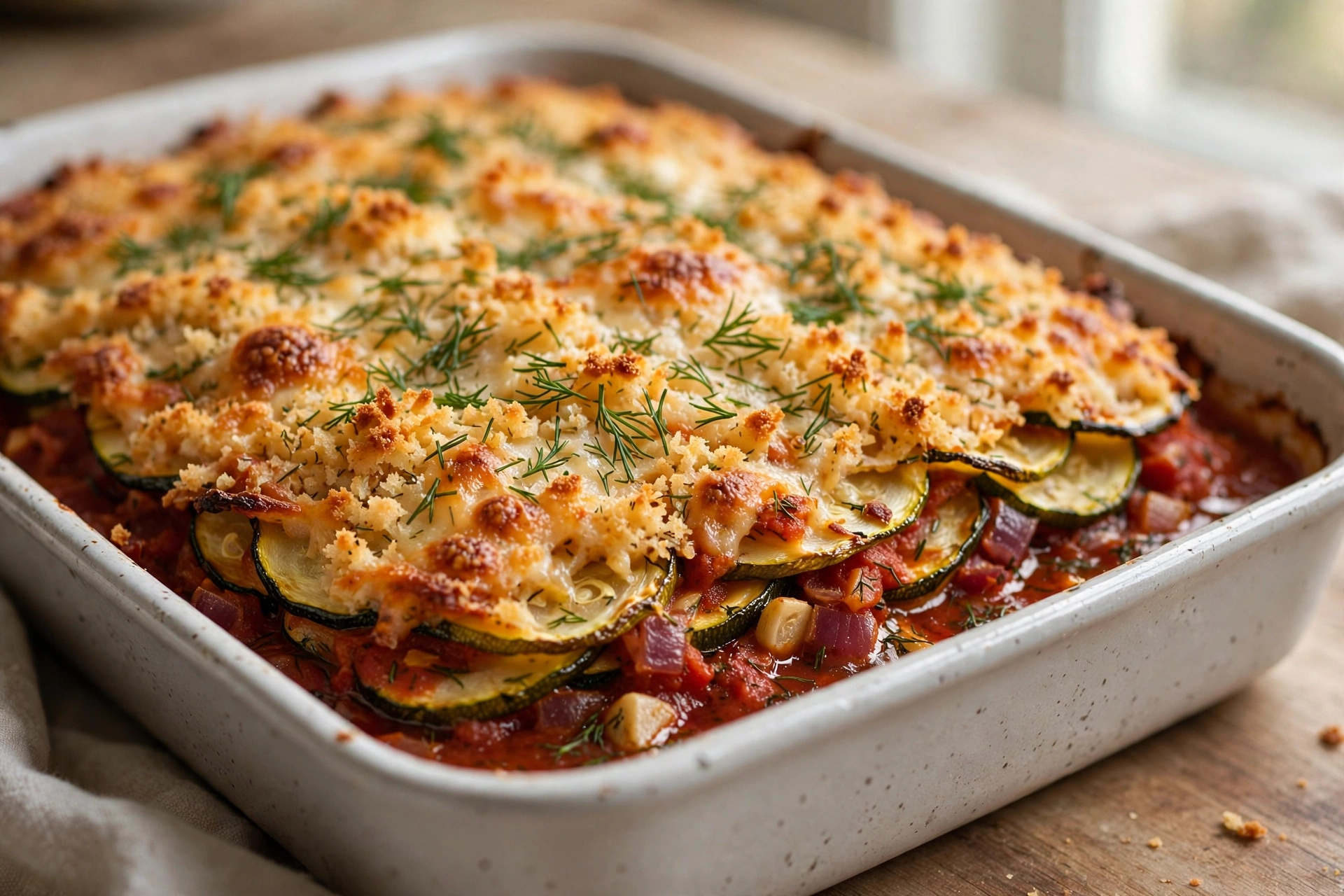 Baked Zucchini with Tomato Sauce and Cheese Crust finished dish