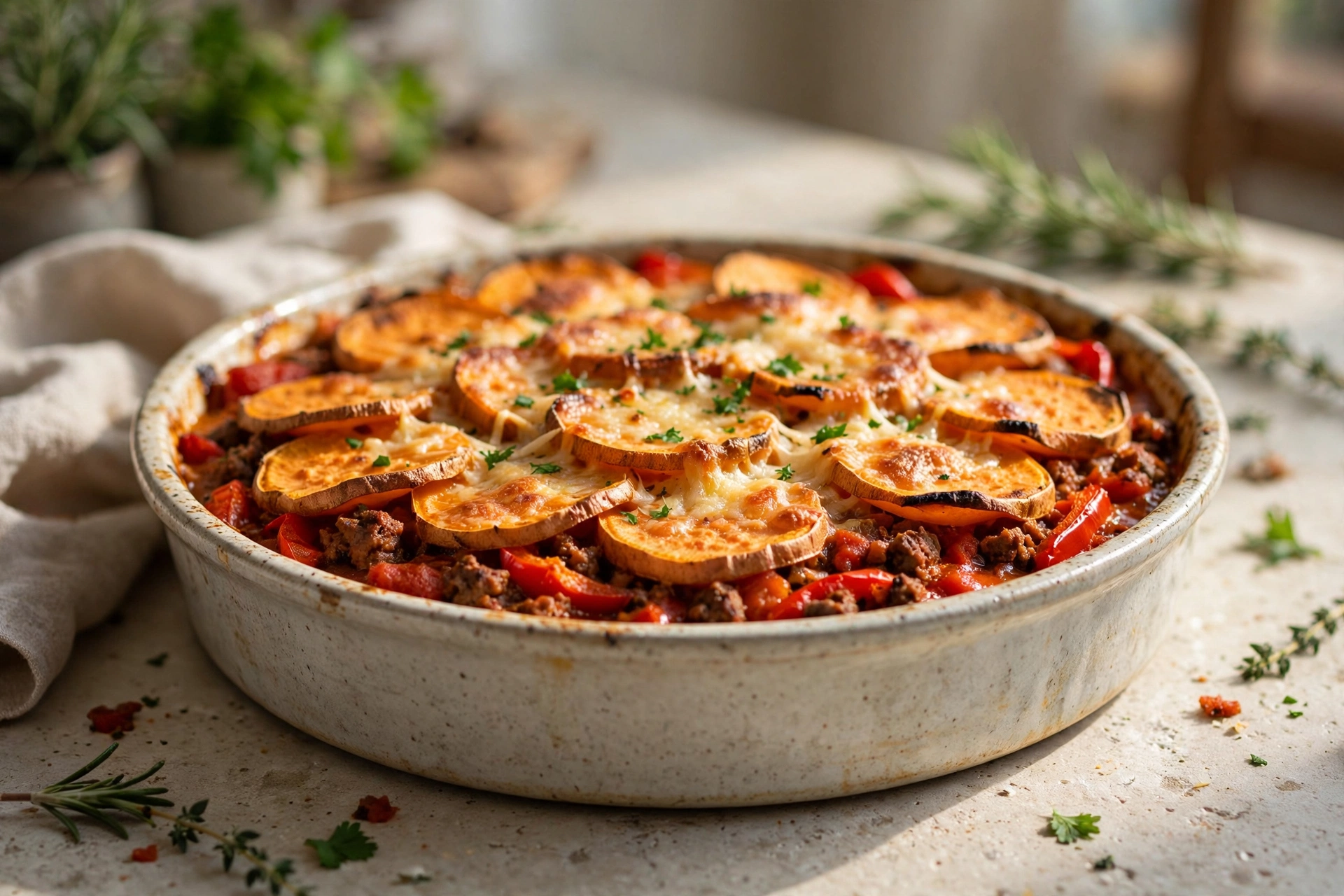 Gourmet-Style Ground Beef and Potato Layered Bake finished dish