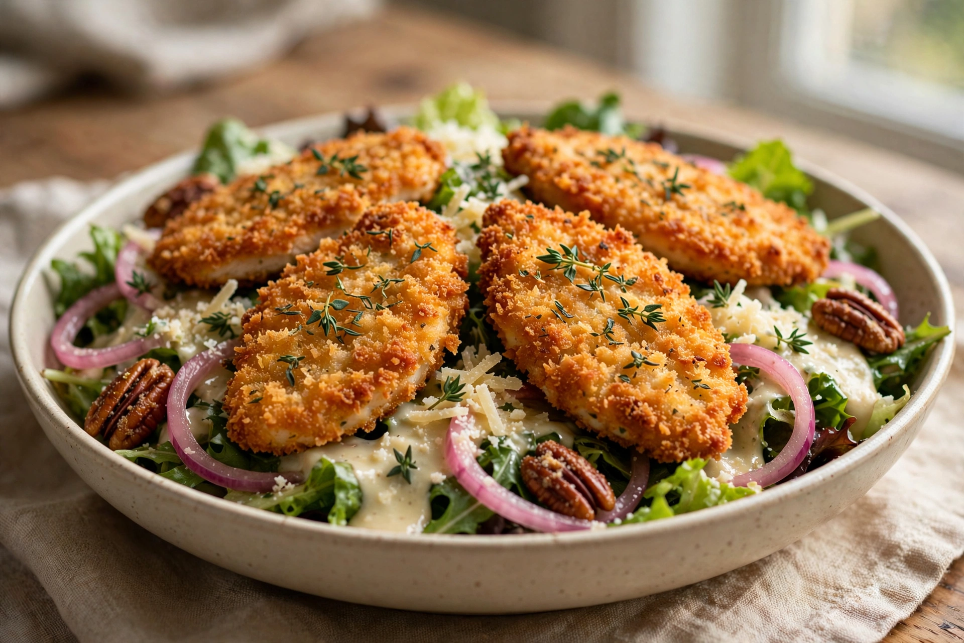 Crispy Chicken Cutlet Salad with Manchego Dressing by ThatDudeCanCook — recipe image