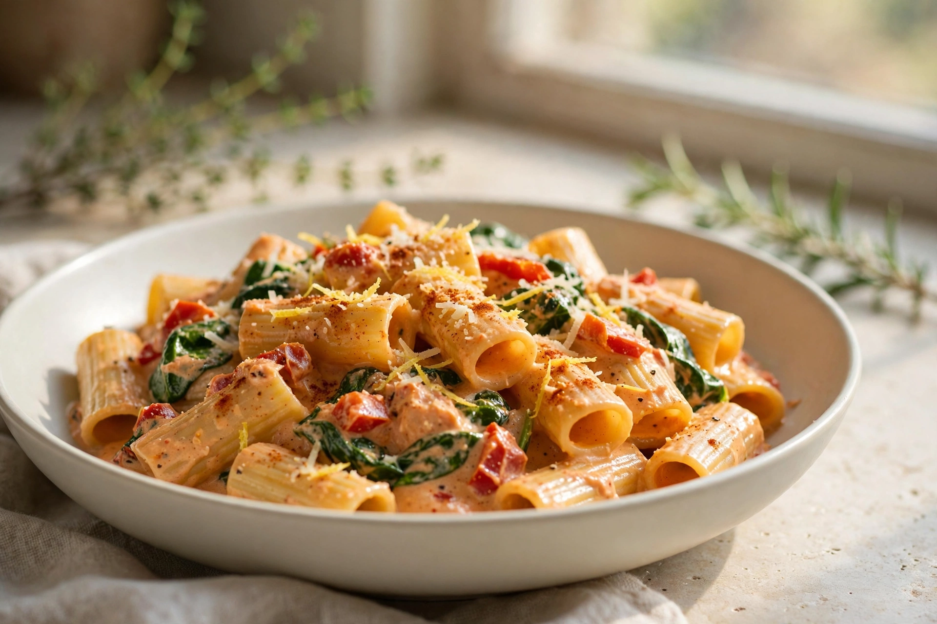 Creamy Garlic Tomato Rigatoni finished dish