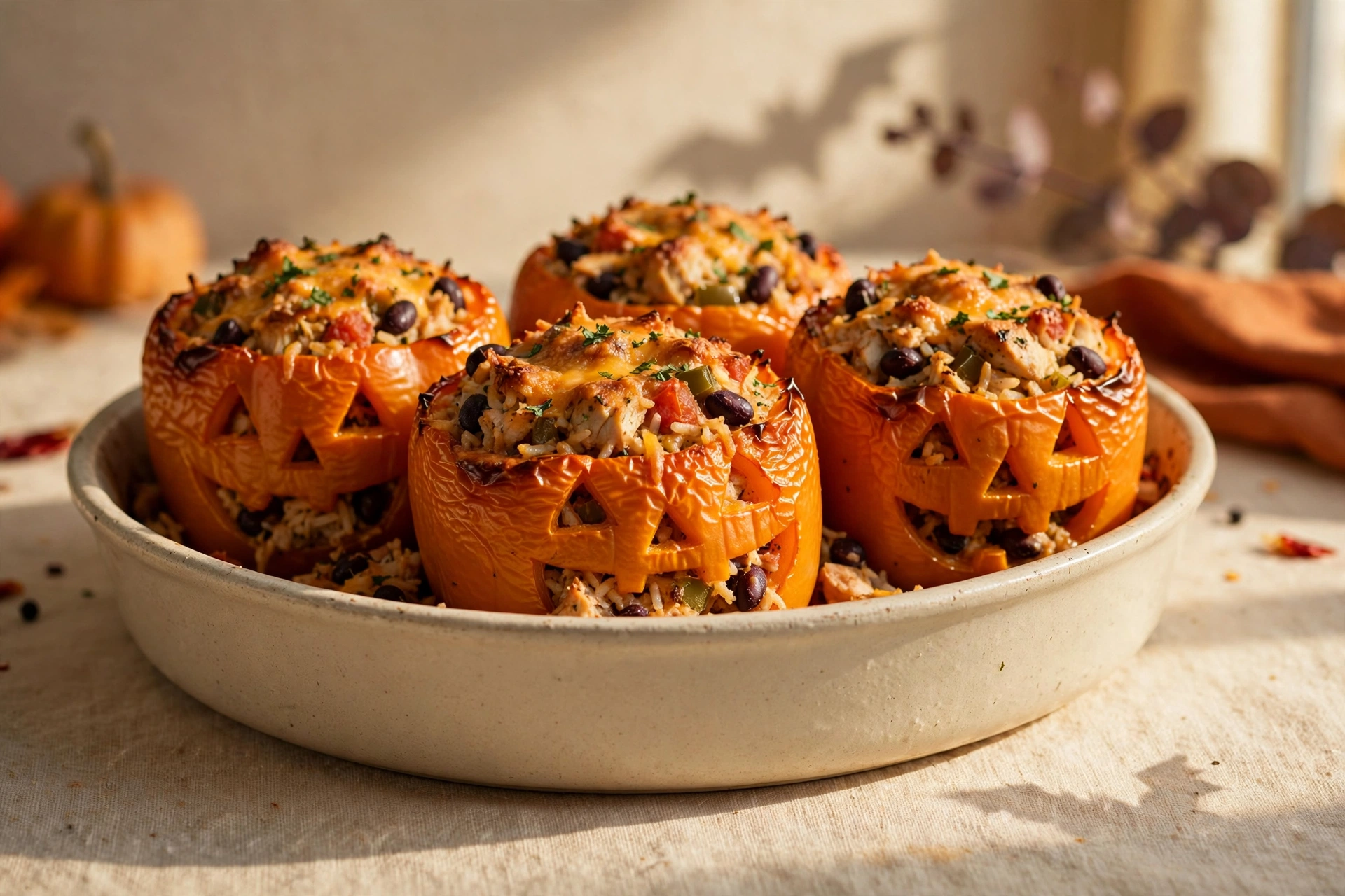Halloween Jack-O'-Lantern Stuffed Peppers by Pop Kitchen — recipe image