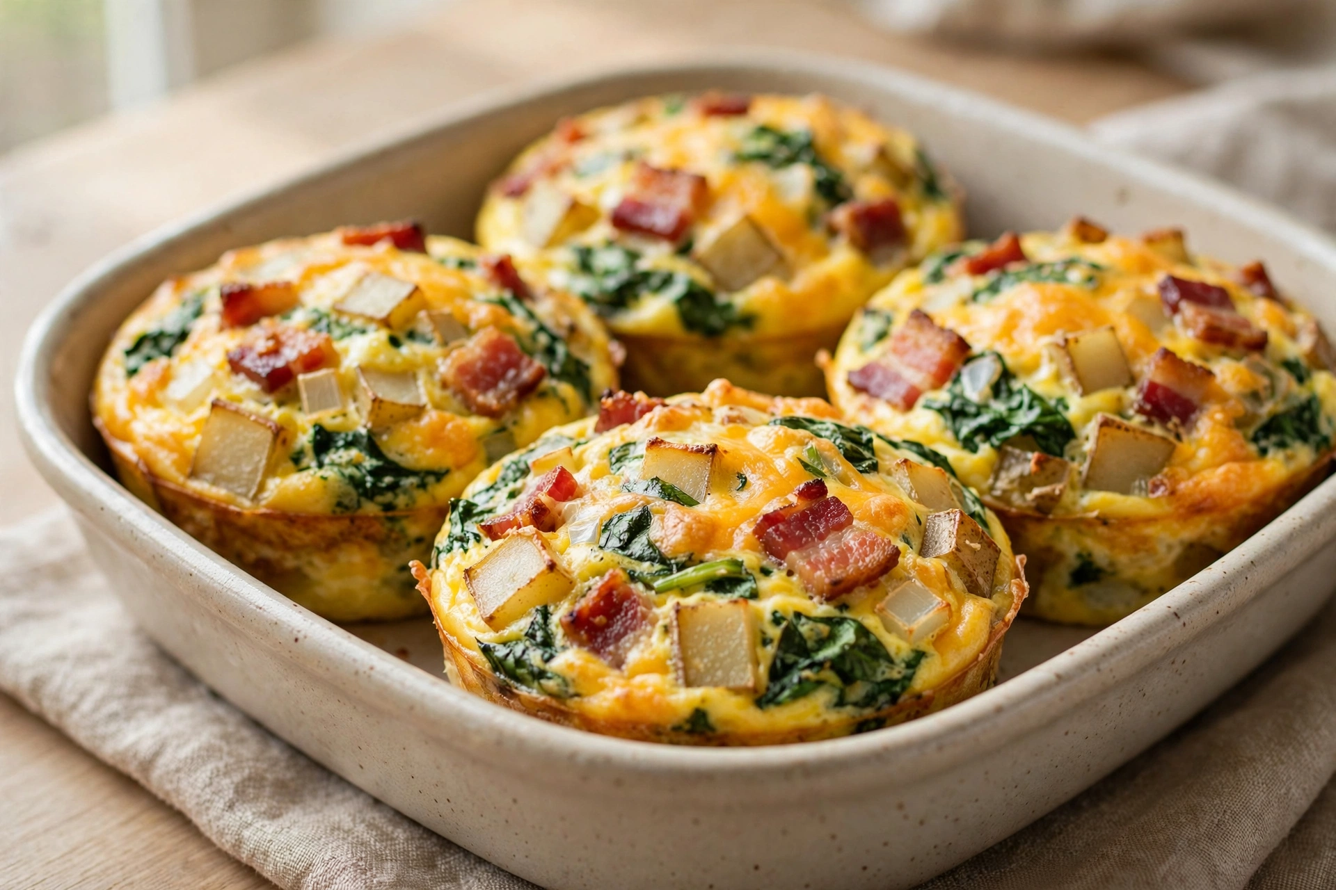 Breakfast Egg Muffins with Bacon, Potatoes, and Spinach by Natashas Kitchen — recipe image