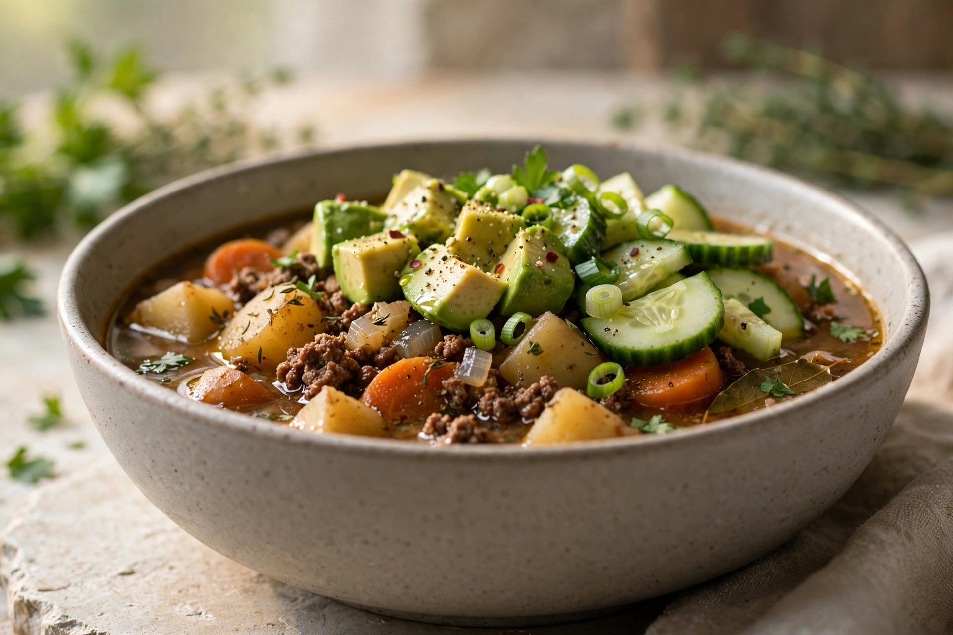 Ground Beef and Potato Stew with Fresh Cucumber and Avocado Salad by Essen Recipes — recipe image