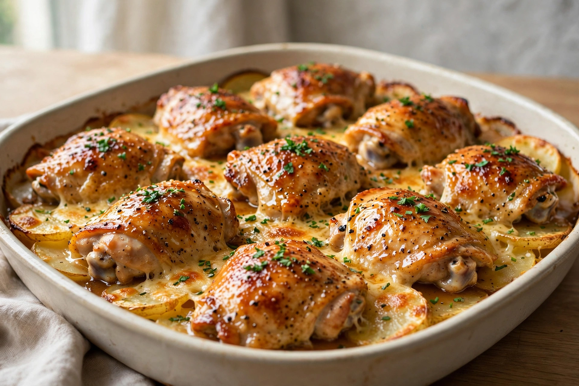 Honey Soy Chicken Thigh and Potato Bake finished dish