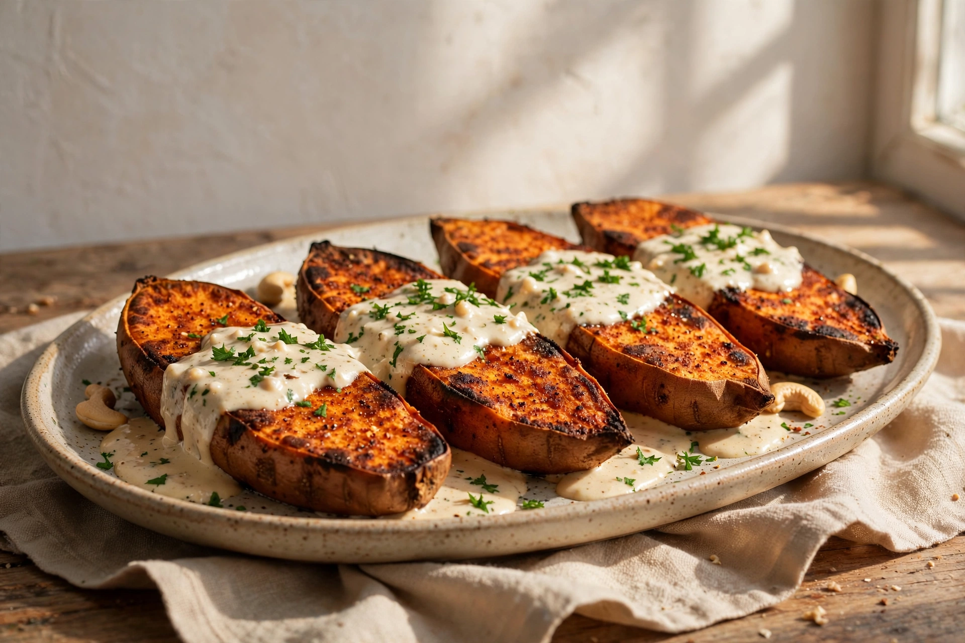 Crispy Sweet Potato Steaks with Garlic Cashew Sauce by Vegan Recipes