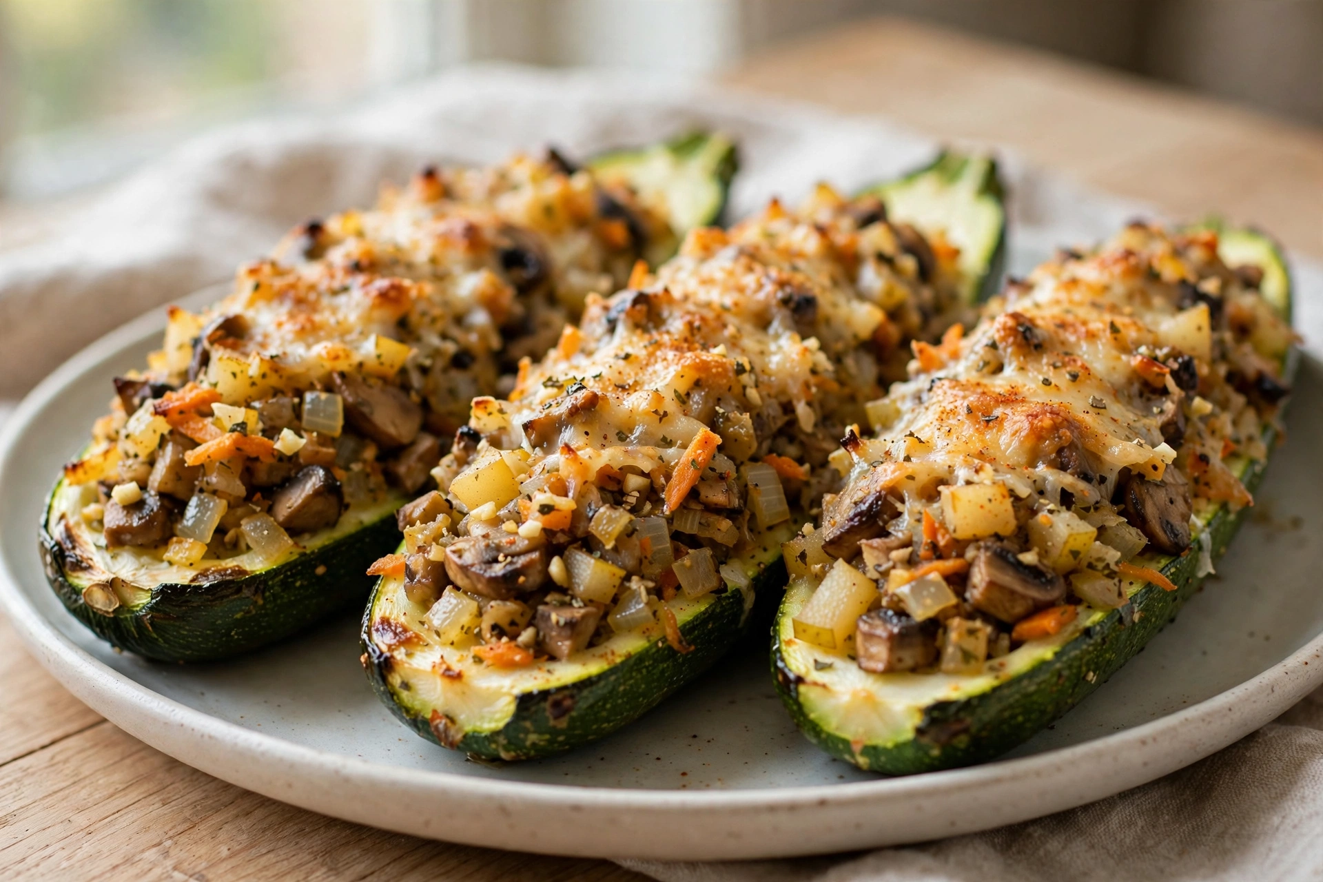 Stuffed Zucchini with Mushrooms, Vegetables, and Pear finished dish