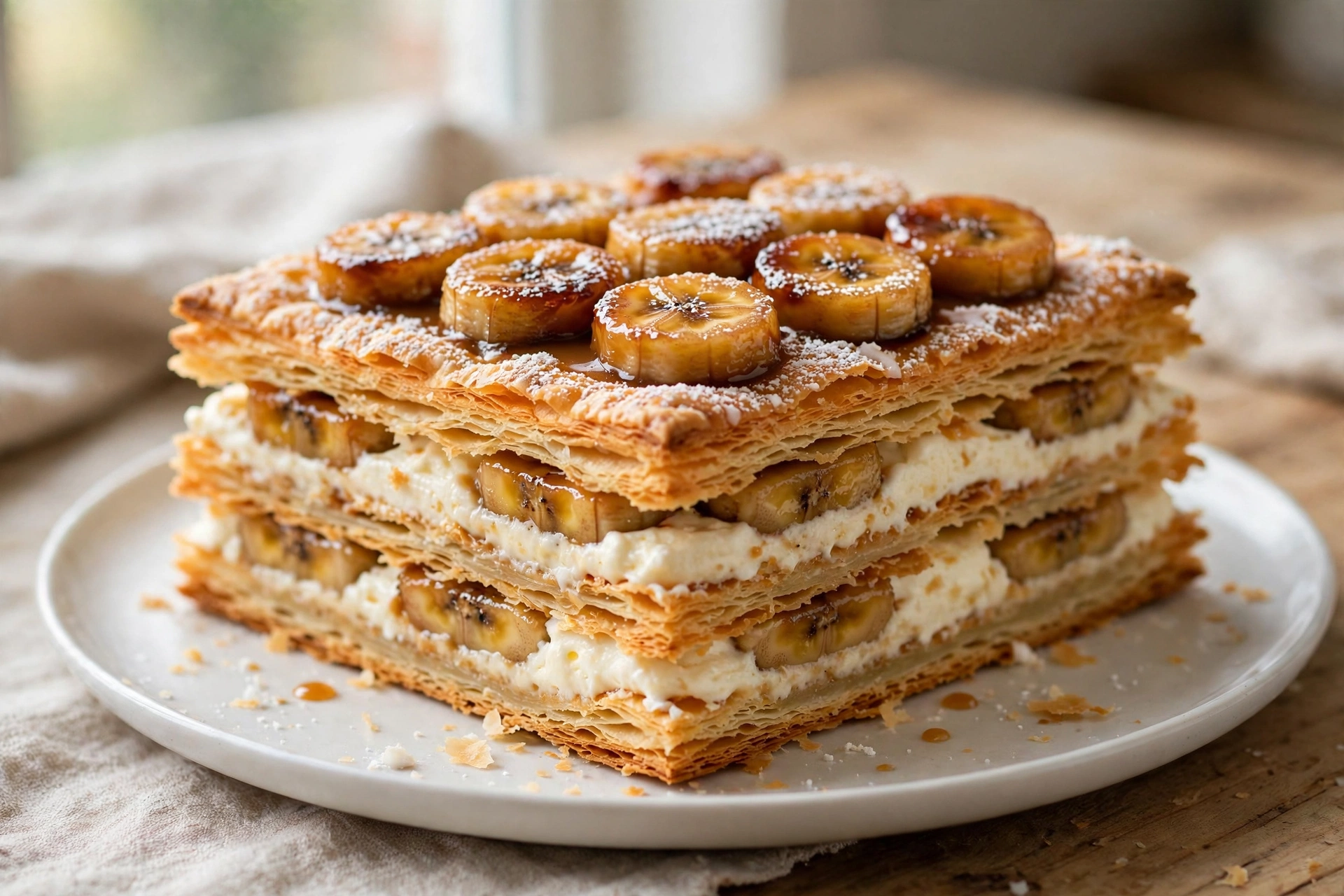 Crispy Banana Puff-Pastry Cake with Cream finished dish