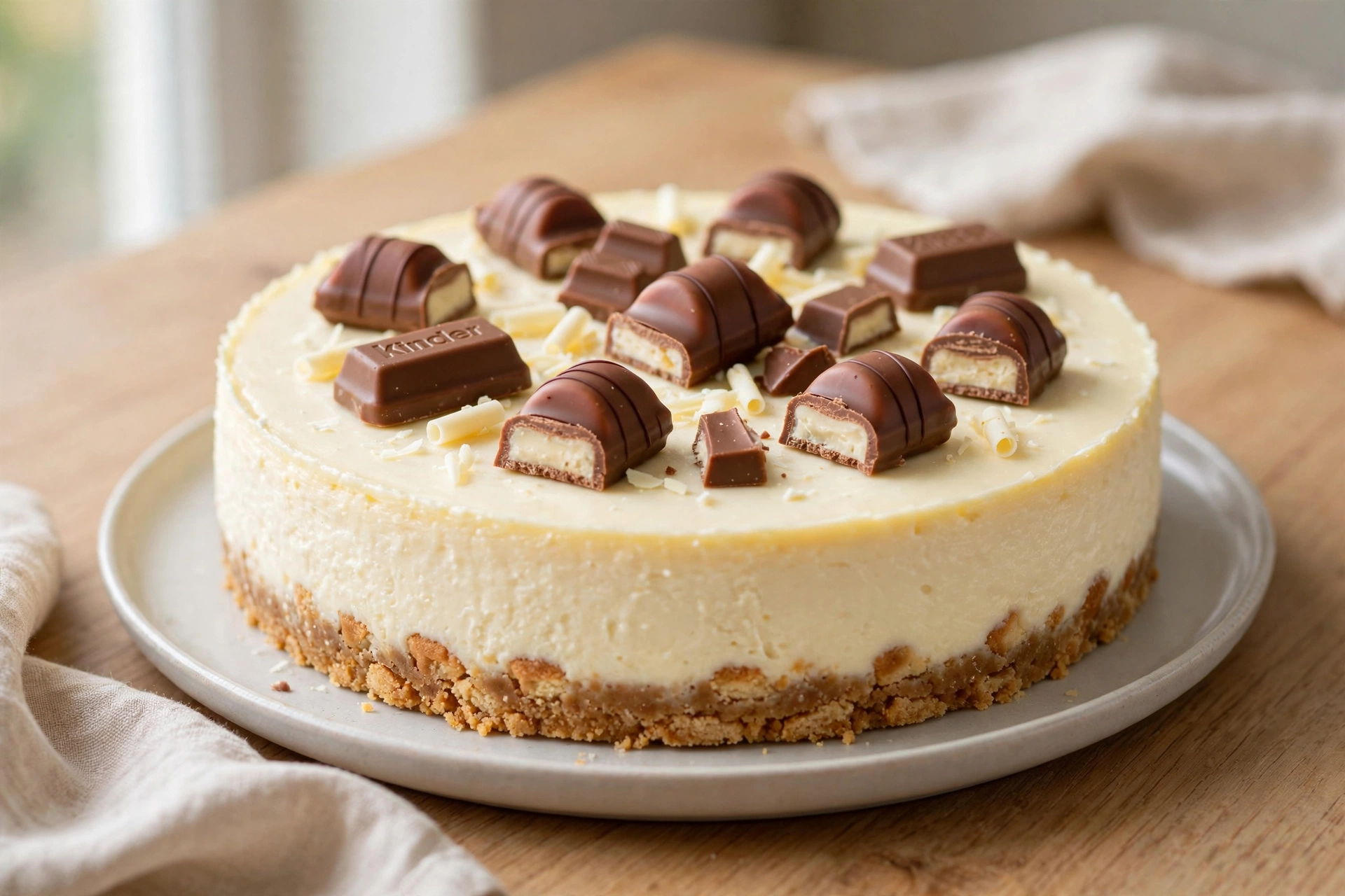 No-Bake Kinder & White Chocolate Cheesecake by Fitwaffle Kitchen — recipe image