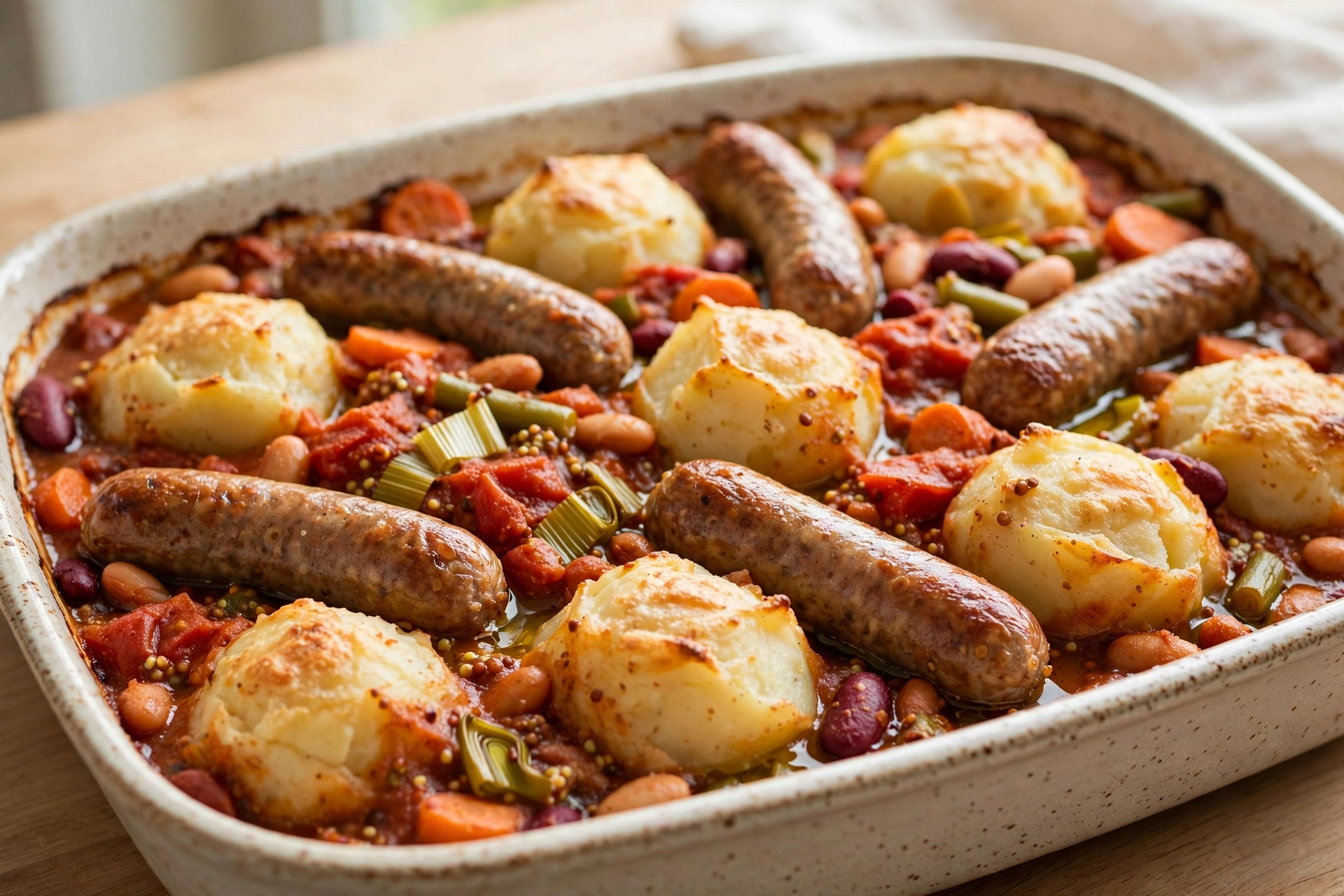 Sausage and Potato Dumpling Casserole finished dish