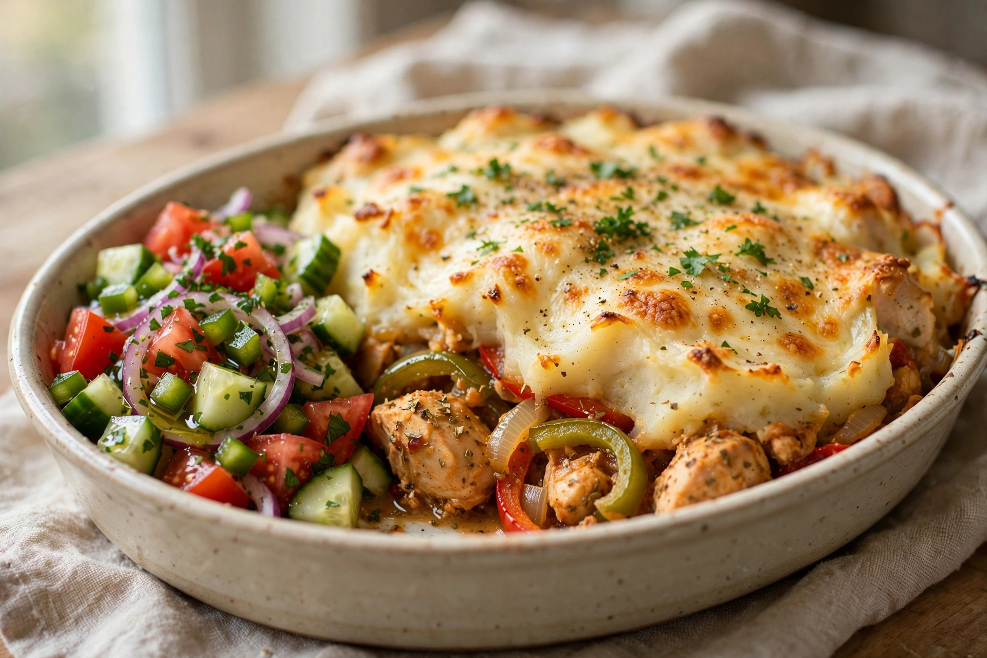Chicken and Mashed Potato Casserole with Fresh Salad by Essen Recipes — recipe image