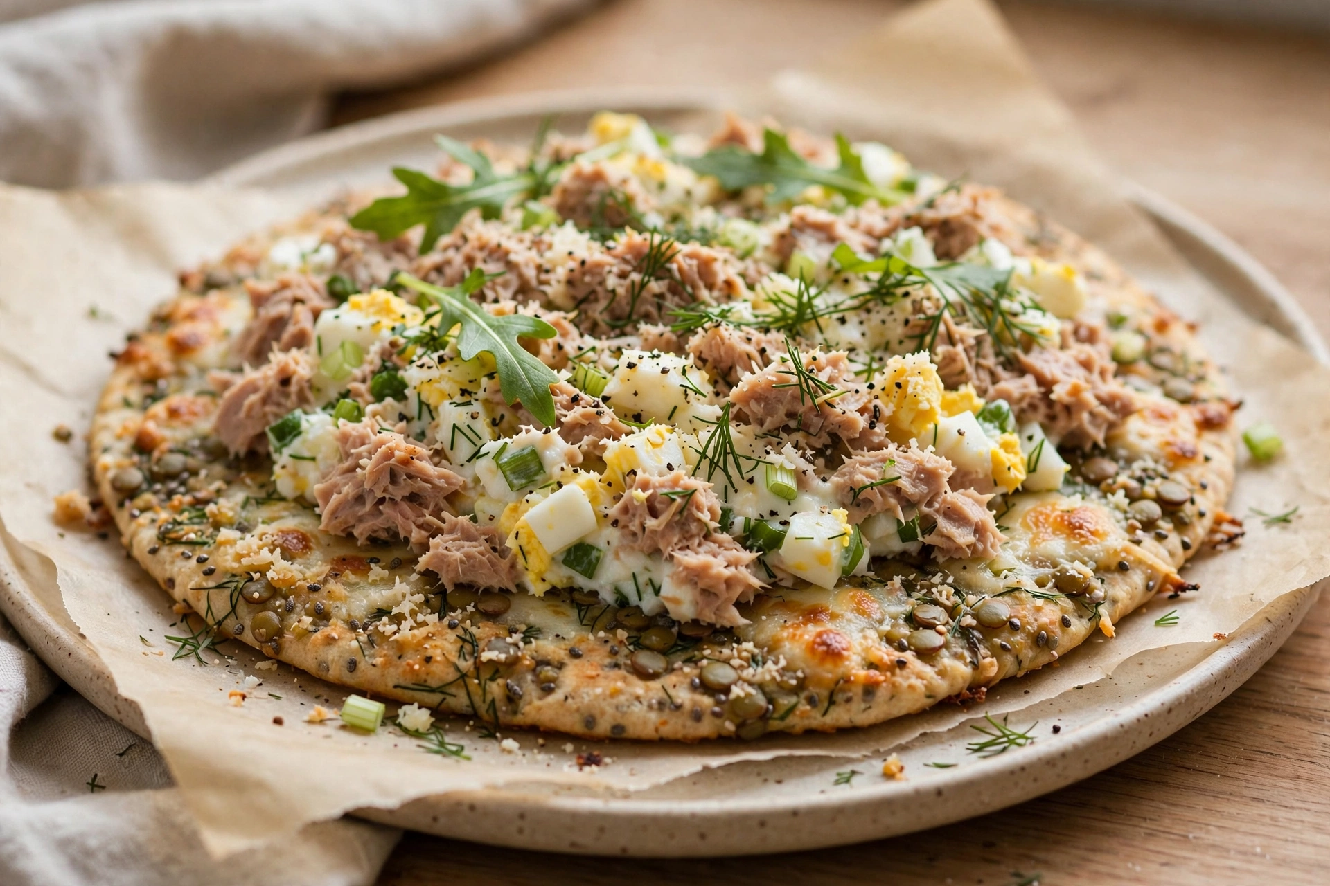 High-Protein Lentil Flatbread with Tuna and Egg by Kochen Familie Cool — recipe image