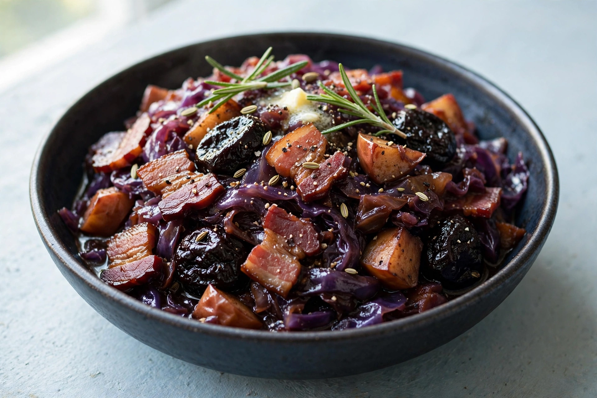 Braised Red Cabbage with Bacon and Fennel Seeds finished dish