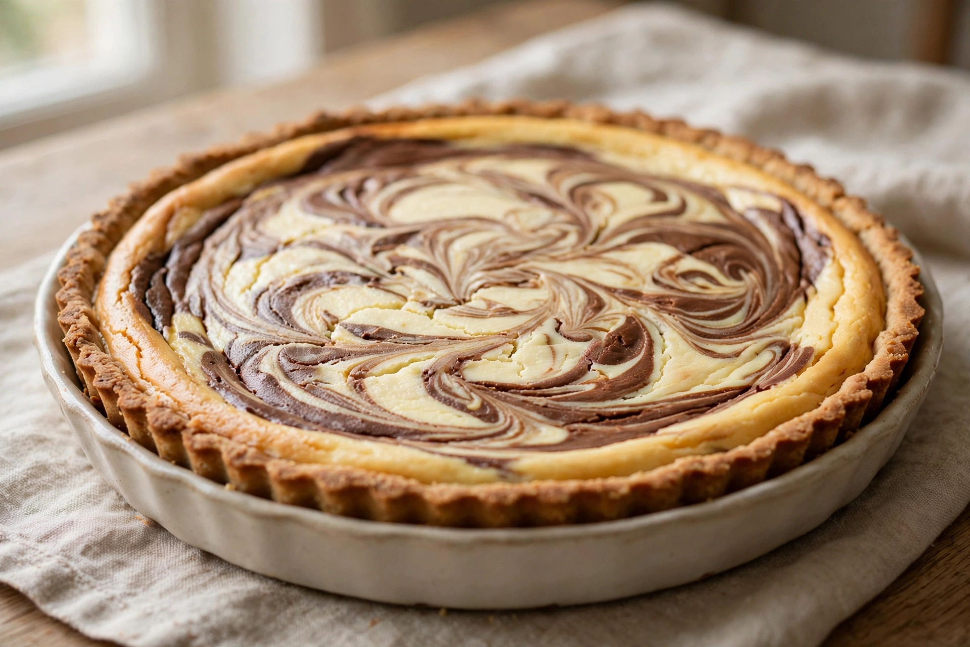 Chocolate Marble Cottage Cheesecake Tart by Delicious and Simple — recipe image