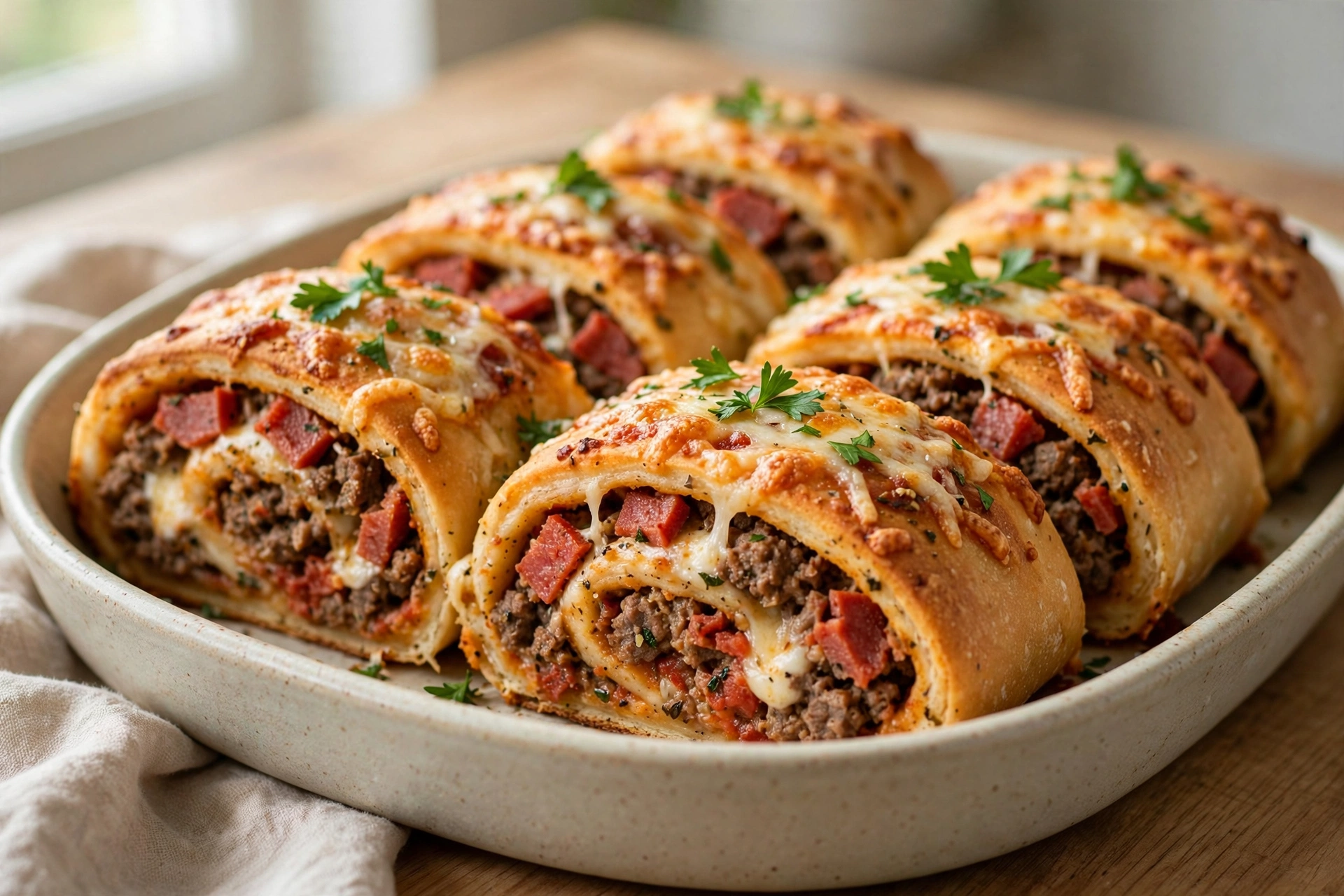 53g Protein Beef and Pepperoni Pizza Rolls finished dish