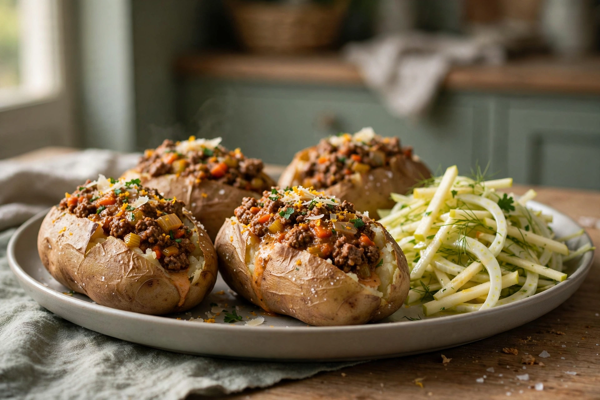 Baked Potatoes with Ground Beef and Sauce by Essen Recipes — recipe photo