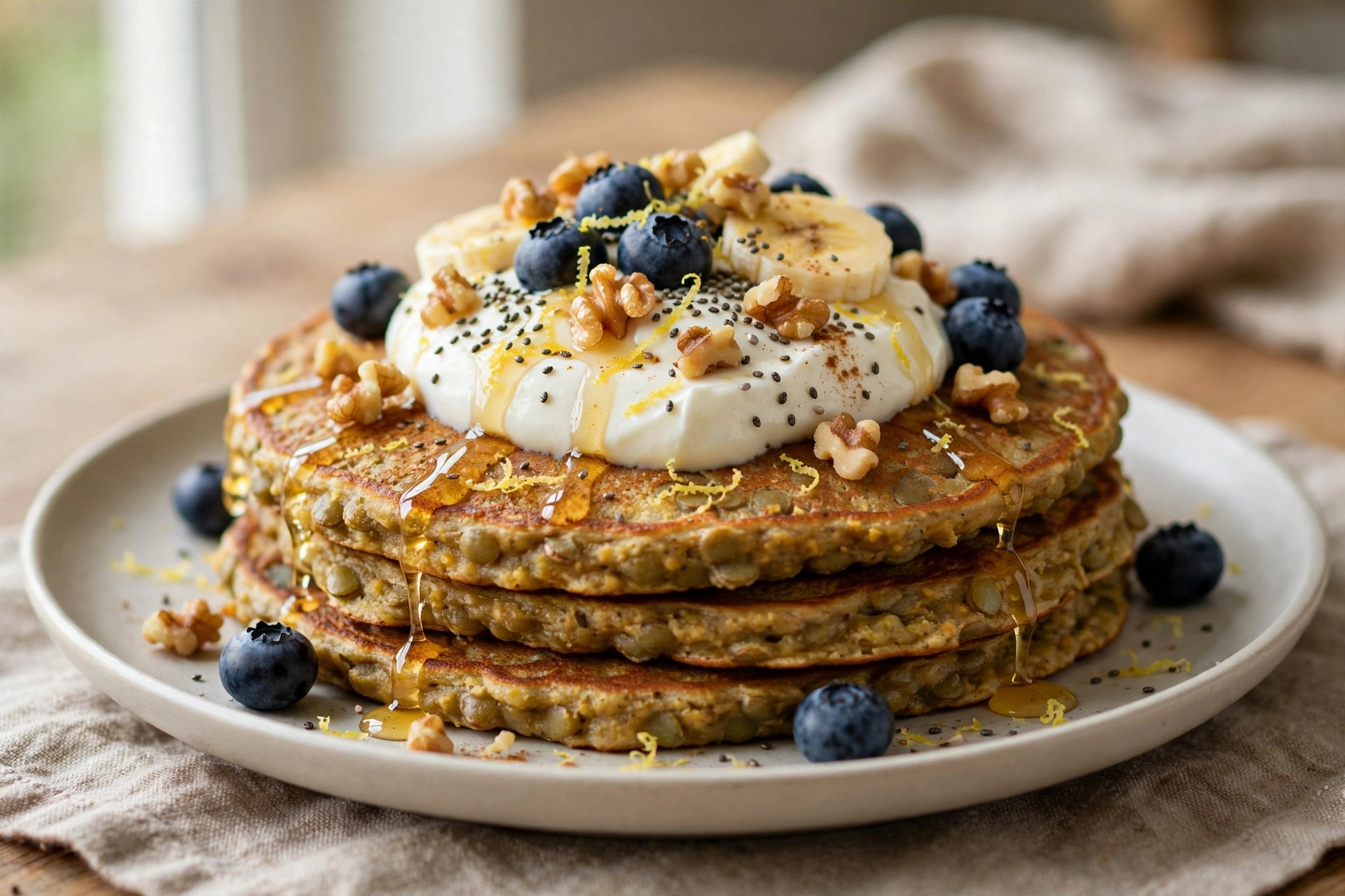 High Protein Lentil Pancakes with Greek Yogurt Topping by Kochen  Familie  Cool — recipe image
