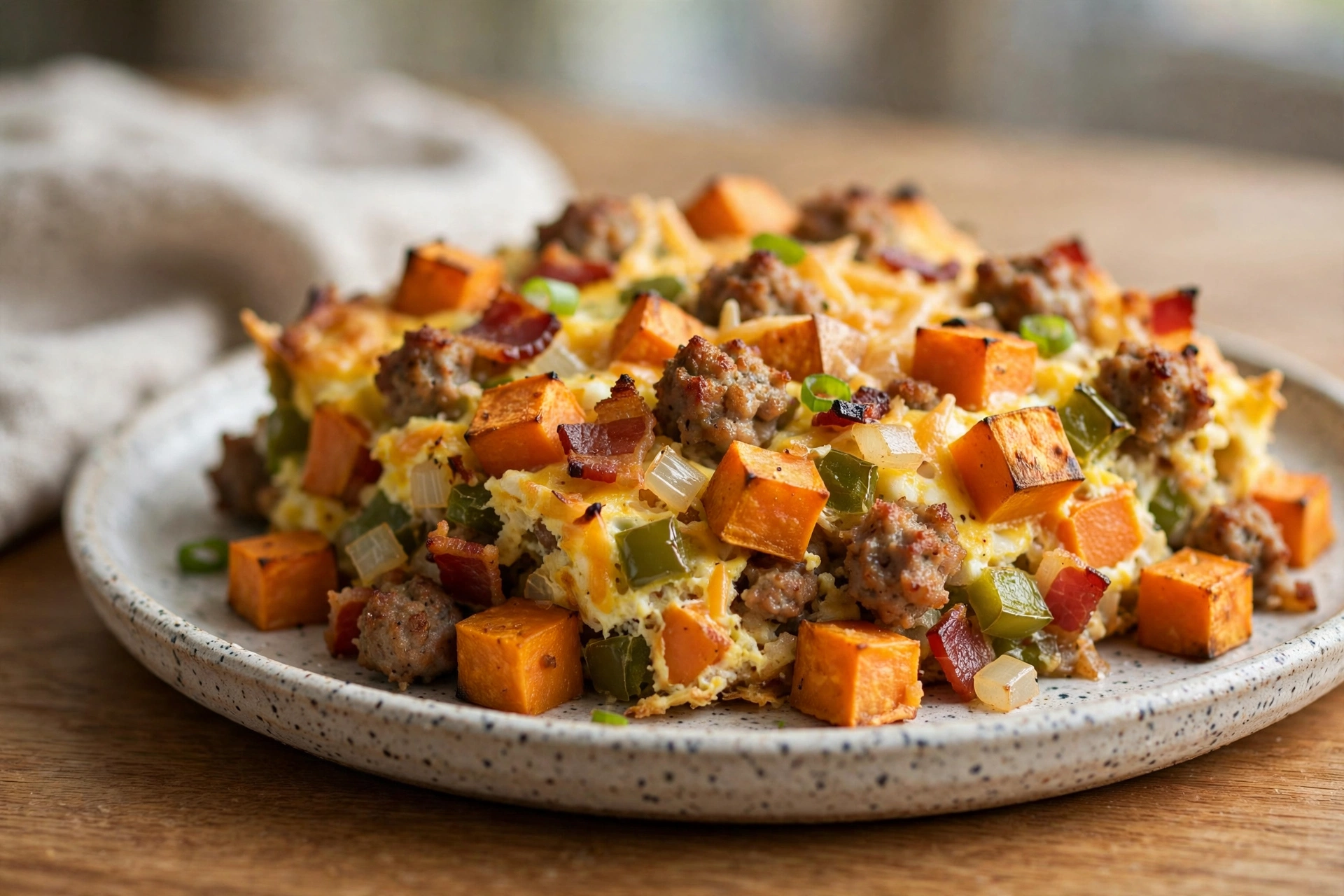 Breakfast Casserole with Sweet Potato, Sausage, and Bacon by Downshiftology — recipe image