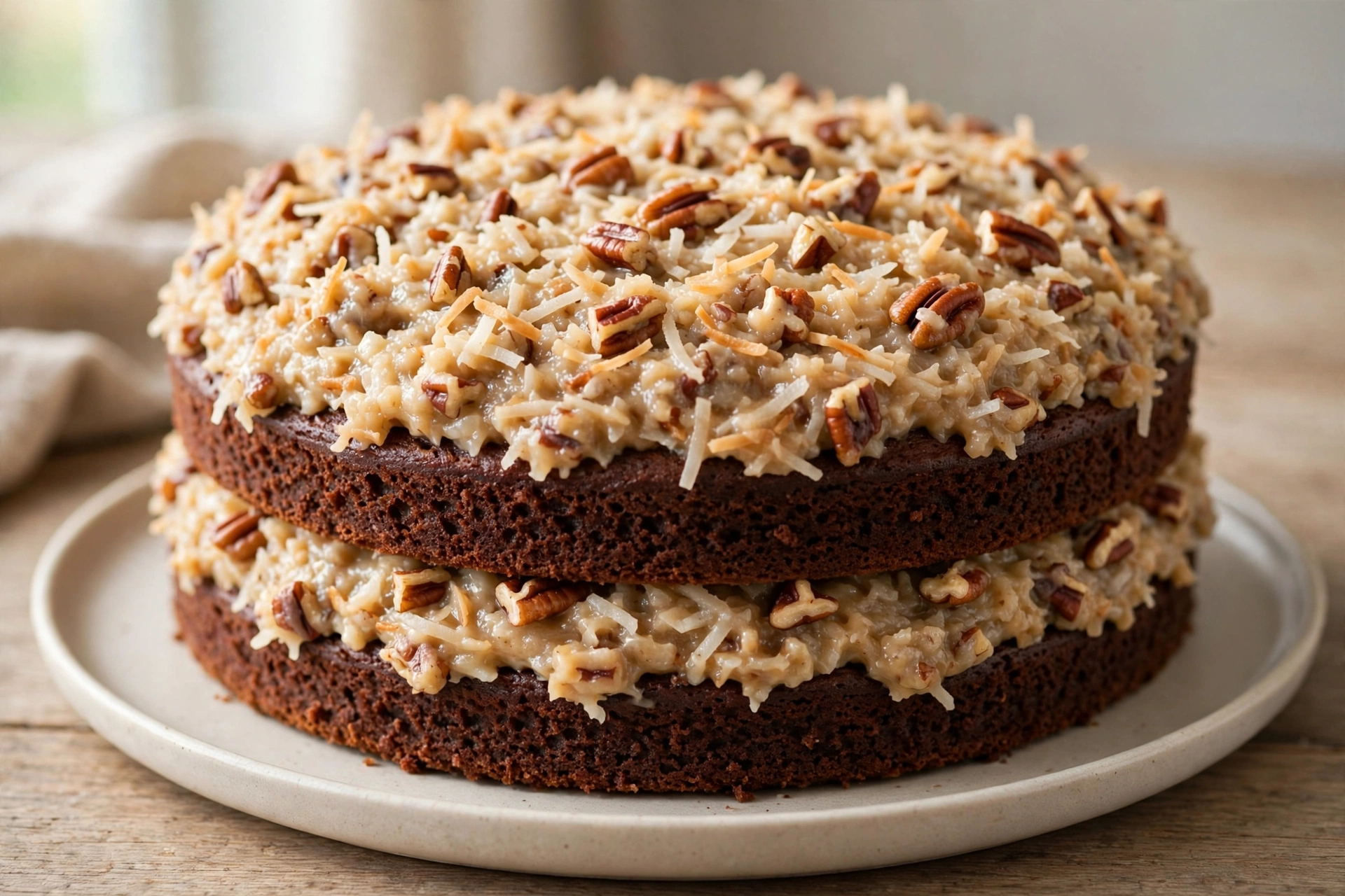German Chocolate Cake with Coconut-Pecan Frosting by Whisk Takers — recipe image