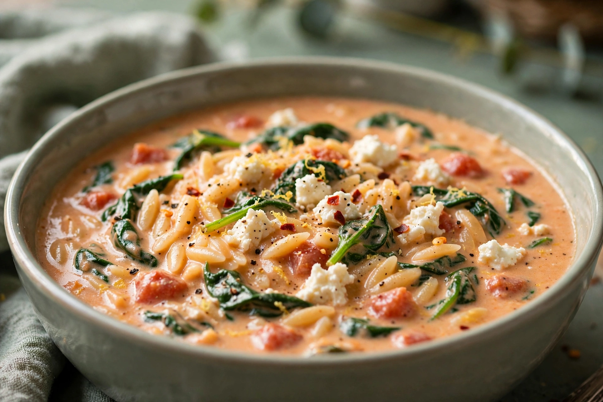 Creamy Tomato and Beef Orzo finished dish