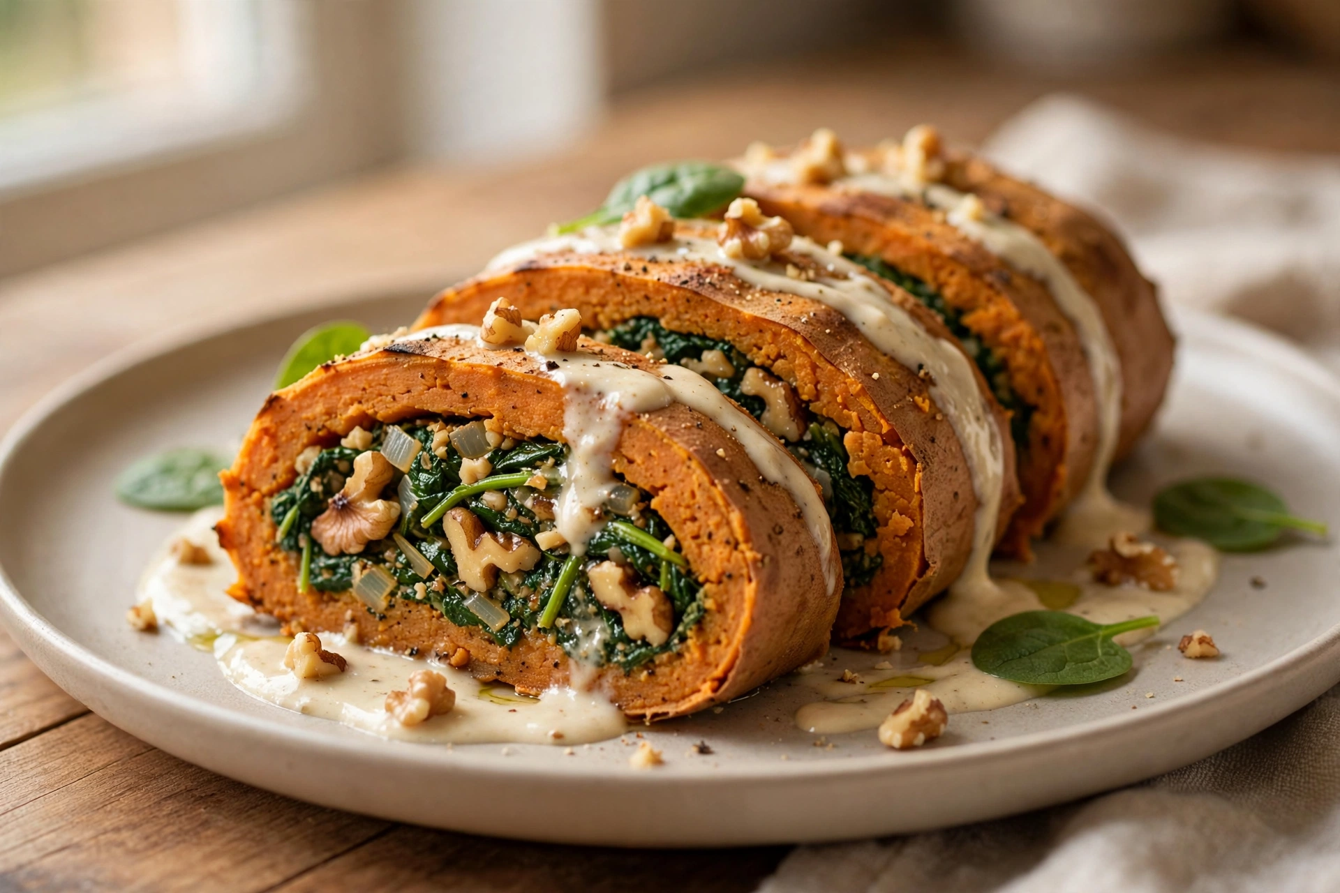 Vegane Süßkartoffel-Roulade mit Spinat und Walnüssen finished dish