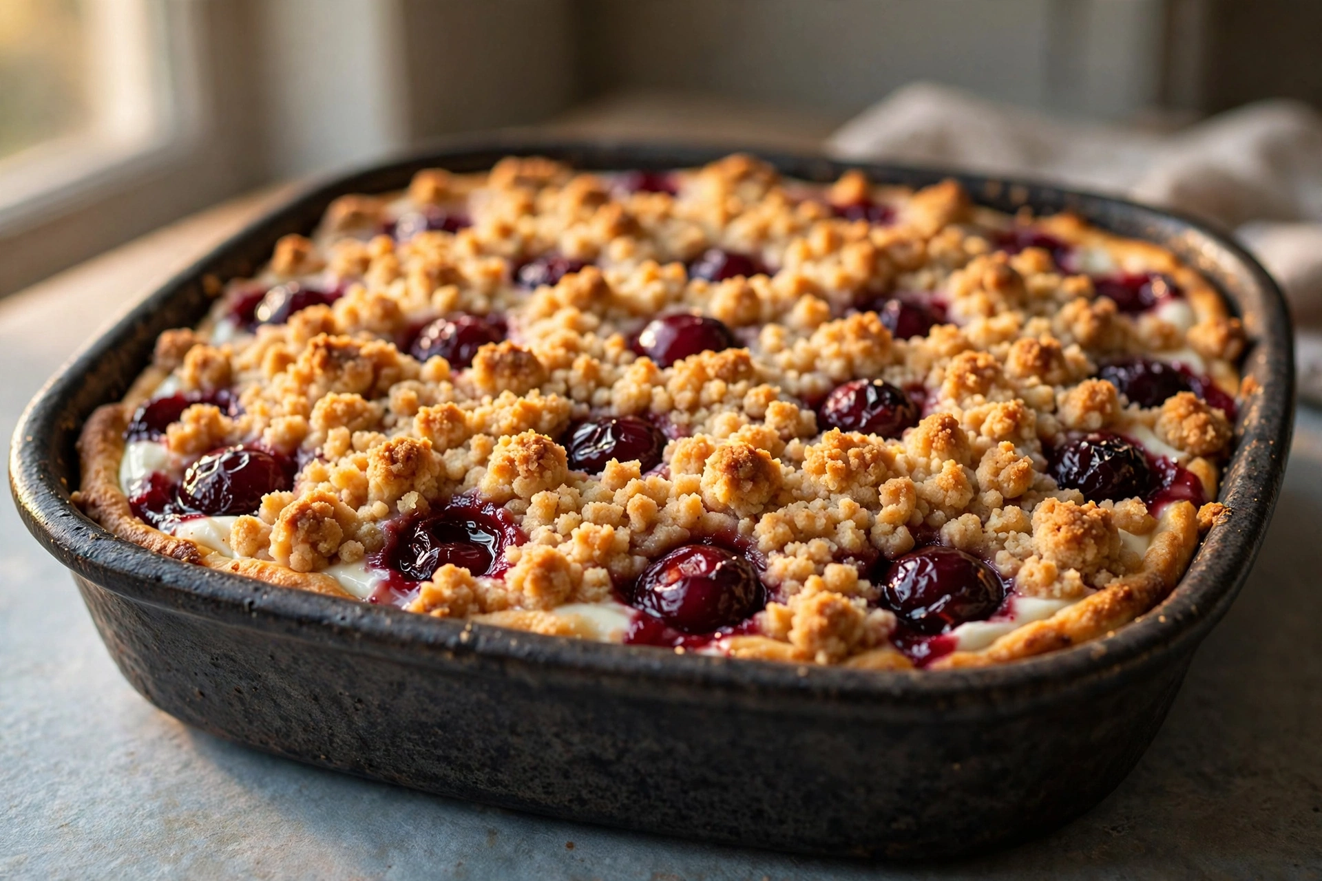 Cherry Yogurt Crumble Cake finished dish